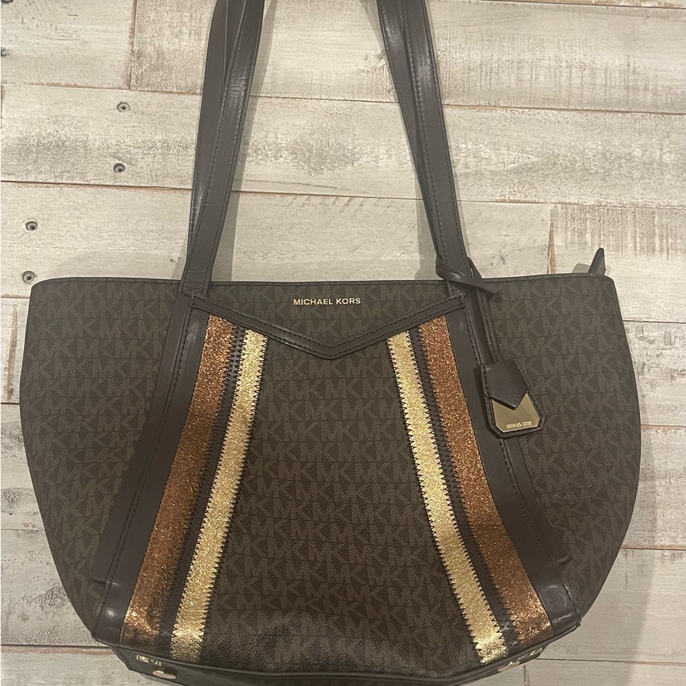 Michael Kors Brown Tote with Gold and Bronze Stripes